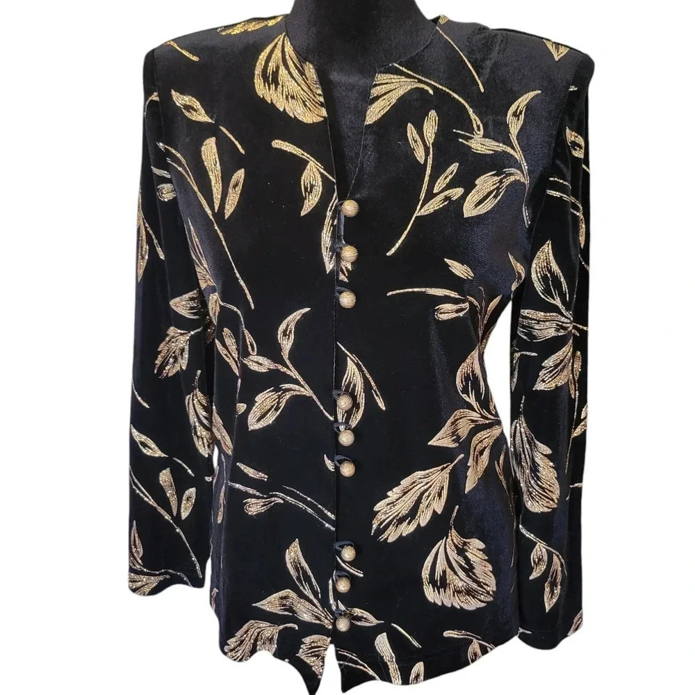 Vintage R&K Originals Petite Women's Size 4P Velvety Gold Glitter Leaf Jacket